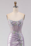 Corset sirène bustier perlée violet clair robe longue de bal avec fente