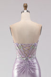 Corset sirène bustier perlée violet clair robe longue de bal avec fente