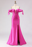 Robe de bal longue de bal en forme de sirène fuchsia à épaules dénudées, corset perlé et fendue