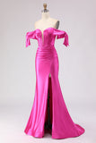 Robe de bal longue de bal en forme de sirène fuchsia à épaules dénudées, corset perlé et fendue