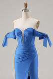 Corset sirène bleu royal décalé robe longue de bal en satin avec fente