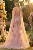 Sweetheart Blush sirène de bal longue robe de promo brodée avec écharpe au col