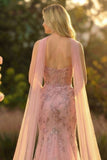 Sweetheart Blush sirène de bal longue robe de promo brodée avec écharpe au col
