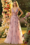 Robe de bal de promo longue blush sans dos col V à sequins