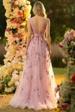 Robe de bal de promo longue blush sans dos col V à sequins