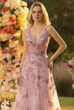 Robe de bal de promo longue blush sans dos col V à sequins