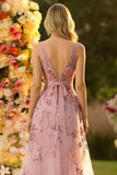 Robe de bal de promo longue blush sans dos col V à sequins