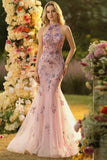 Robe longue de bal de promo brodée en tulle en style sirène en fard de fard à dos