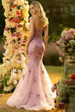 Robe longue de bal de promo brodée en tulle en style sirène en fard de fard à dos