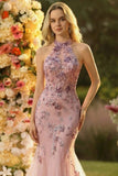Robe longue de bal de promo brodée en tulle en style sirène en fard de fard à dos