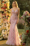 Robe de bal longue à bretelles fines de sirène à blush scintillant avec paillettes