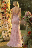 Robe de bal longue à bretelles fines de sirène à blush scintillant avec paillettes