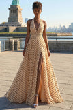 Robe de bal longue à points noirs à points noirs abricot A Line Bower avec un nœud de promo long et fente
