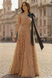 Robe longue de bal de bal à points abricots en abricot à une épaule avec nœud