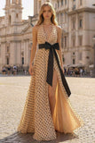 Robe de bal de promo Twiner Line, abricot noir à points noirs, longue robe de bal avec nœud de fin d’année