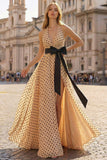 Robe de bal de promo Twiner Line, abricot noir à points noirs, longue robe de bal avec nœud de fin d’année