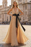 Robe de bal de promo Twiner Line, abricot noir à points noirs, longue robe de bal avec nœud de fin d’année