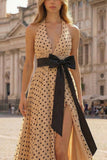 Robe de bal de promo Twiner Line, abricot noir à points noirs, longue robe de bal avec nœud de fin d’année