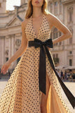 Robe de bal de promo Twiner Line, abricot noir à points noirs, longue robe de bal avec nœud de fin d’année