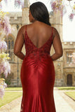 Robe de bal longue grande taille appliquée en satin bordeaux avec une fente