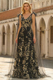 Robe de bal longue longue à col en V fleuri dorée noire en ligne en V avec serpentin