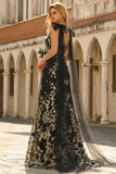 Robe de bal longue longue à col en V fleuri dorée noire en ligne en V avec serpentin