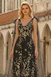 Robe de bal longue longue à col en V fleuri dorée noire en ligne en V avec serpentin