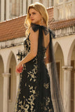 Robe de bal longue longue à col en V fleuri dorée noire en ligne en V avec serpentin