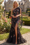 Robe longue de bal de bal avec paillettes en sirène noire à une épaule et nœud papillon