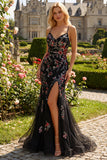 Fleurs noires roses à bretelles fines Sequins, longue robe de bal sirène avec fente