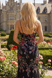 Fleurs noires roses à bretelles fines Sequins, longue robe de bal sirène avec fente