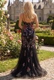 Fleurs noires roses à bretelles fines Sequins, longue robe de bal sirène avec fente