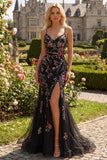 Fleurs noires roses à bretelles fines Sequins, longue robe de bal sirène avec fente