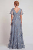 Robe de la mère de la mariée longue robe de la mariée en fleur gris-bleu scintillante à col en V et longue ligne A