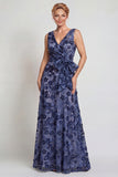 Robe mère de la mariée longue fleur bleu bleu foncé à col en V et nœud papillon