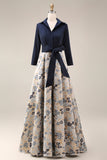 Marine Jacquard à manches 3/4 Longue robe de la mariée A-line avec nœud papillon