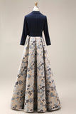 Marine Jacquard à manches 3/4 Longue robe de la mariée A-line avec nœud papillon