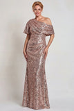 Robe de la mère de la mariée champagne scintillante Une épaule longue avec sequins
