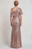 Robe de la mère de la mariée champagne scintillante Une épaule longue avec sequins