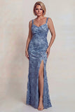 Robe de mère de mariée à bretelles appliques, gris-bleu scintillant, robe de la mère de la mariée avec fente