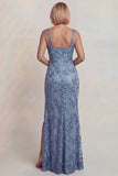 Robe de mère de mariée à bretelles appliques, gris-bleu scintillant, robe de la mère de la mariée avec fente