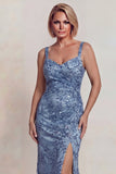 Robe de mère de mariée à bretelles appliques, gris-bleu scintillant, robe de la mère de la mariée avec fente