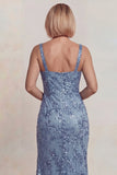 Robe de mère de mariée à bretelles appliques, gris-bleu scintillant, robe de la mère de la mariée avec fente