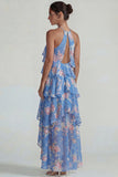 Robe Midi à motifs de fleurs à étages bleu rose à motifs en chiffon à étages