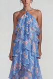 Robe Midi à motifs de fleurs à étages bleu rose à motifs en chiffon à étages