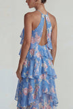 Robe Midi à motifs de fleurs à étages bleu rose à motifs en chiffon à étages