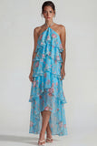 Robe Midi à motifs de fleurs à étages bleu rose à motifs en chiffon à étages