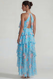 Robe Midi à motifs de fleurs à étages bleu rose à motifs en chiffon à étages