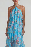 Robe Midi à motifs de fleurs à étages bleu rose à motifs en chiffon à étages