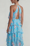Robe Midi à motifs de fleurs à étages bleu rose à motifs en chiffon à étages